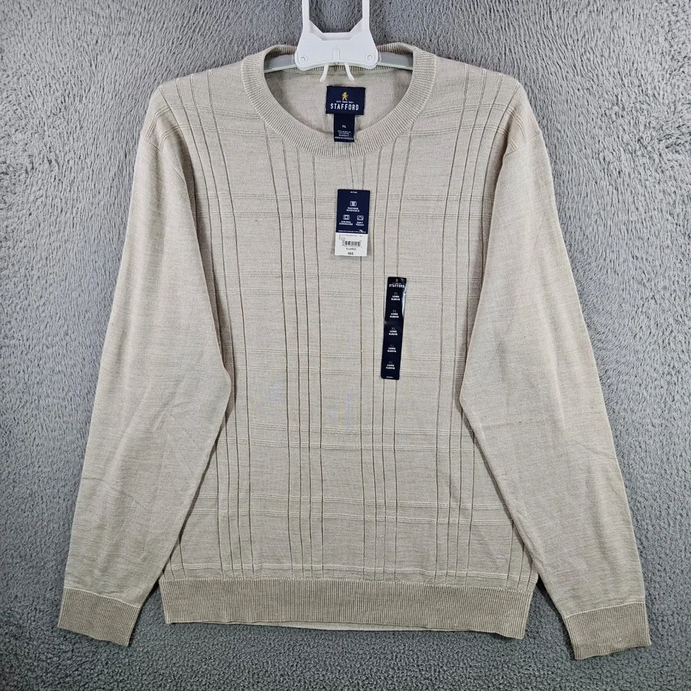 Stafford Mens XL Taupe Crew Neck Sweater Long Sleeve Wool‎ Blend NWT NEW